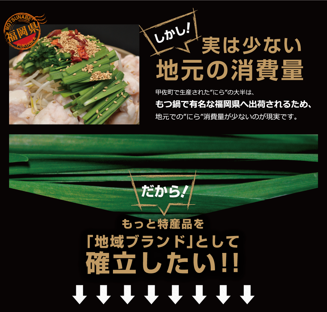 しかし実は少ない地元の消費量。甲佐町で生産された”にら”の大半は、もつ鍋で有名な福岡県へ出荷されるため、地元での”にら”消費量が少ないのが現実です。